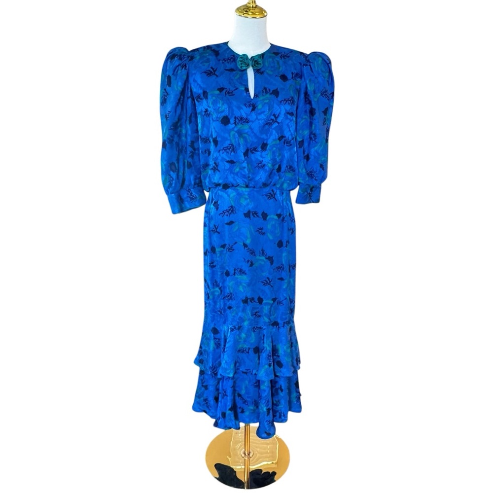 NWT VTG Flora Kung 100% Silk Maxi Dress Women 4 Blue Floral Ruffles Rosettes 80s